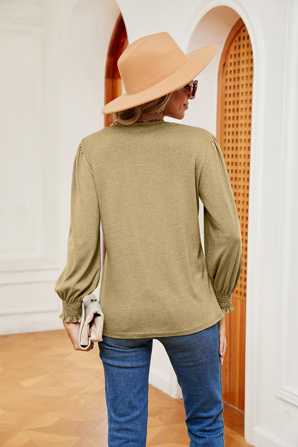 Full Size Contrast V-Neck Long Sleeve Top