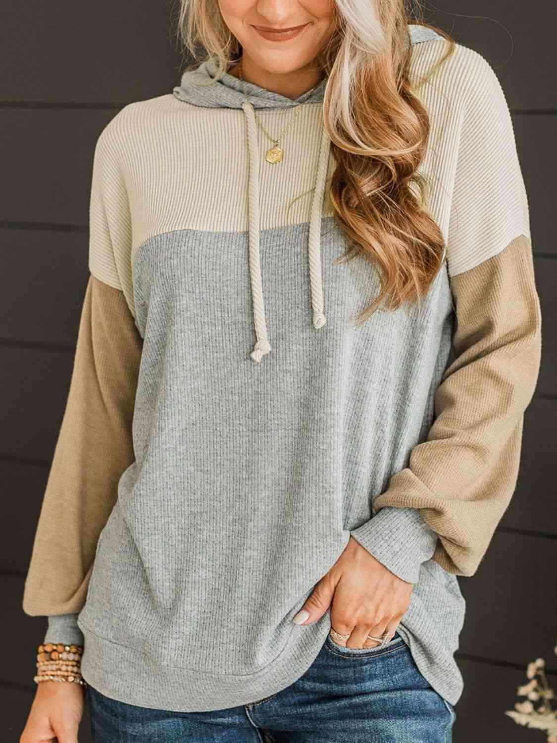 Color Block Drawstring Long Sleeve Hoodie