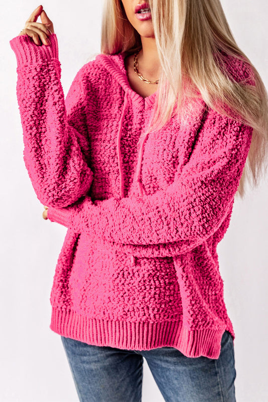 Malibu Dreams Full Size Popcorn Knit Slit Hooded Sweater 🦋