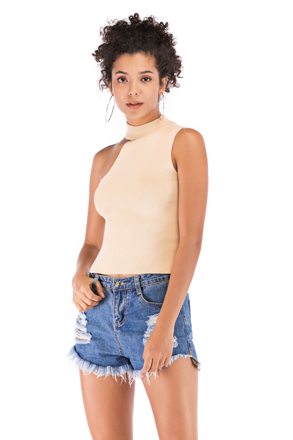 OCEAN CHIC Asymmetrical Sleeveless Rib-Knit Top