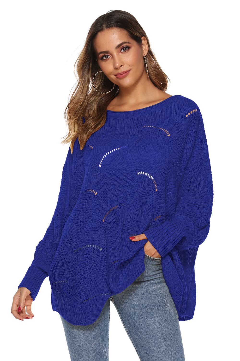 Full Size Round Neck Long Sleeve Openwork Sweater