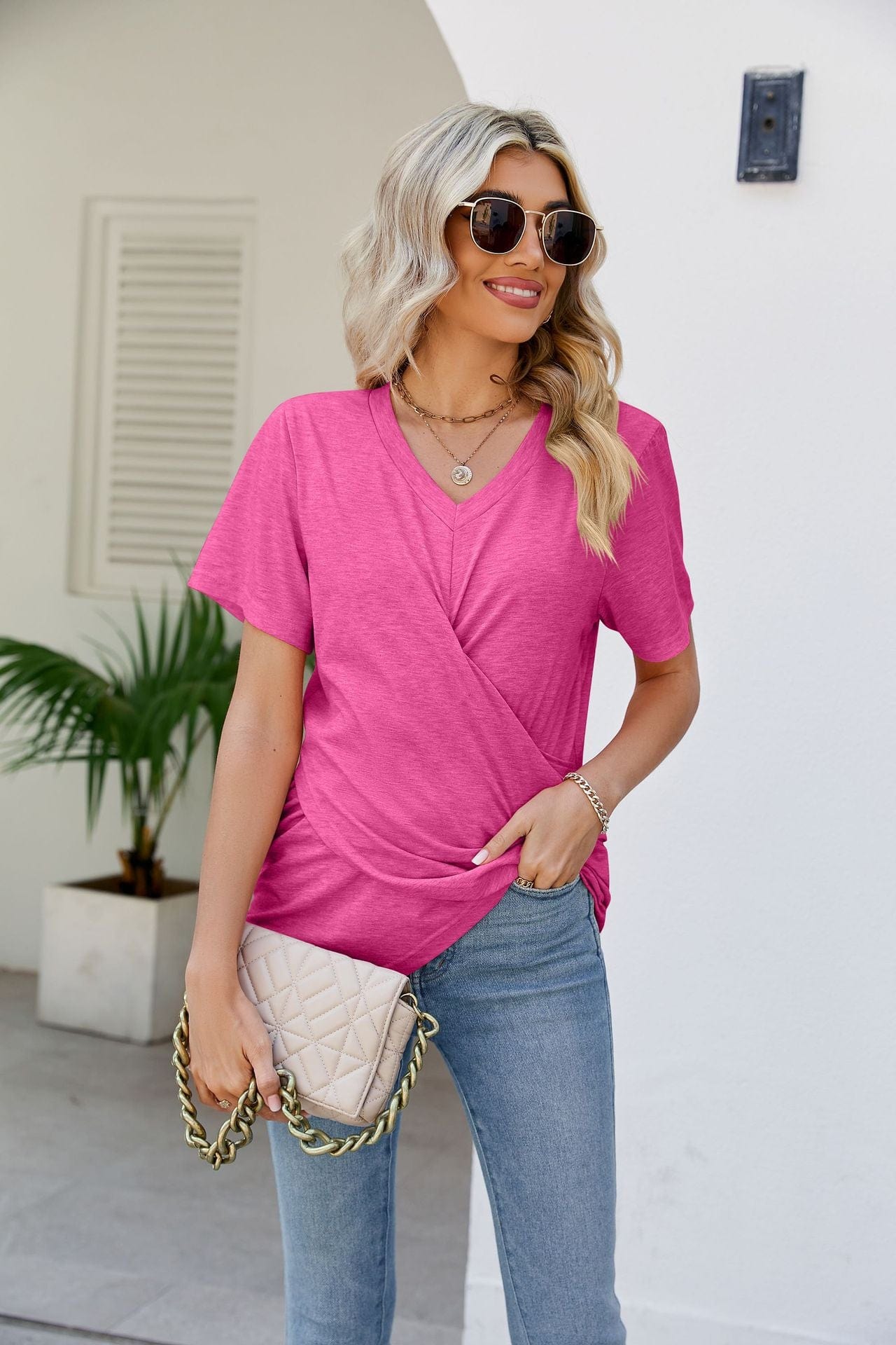 Full Size V-Neck Crisscross Short Sleeve Tee