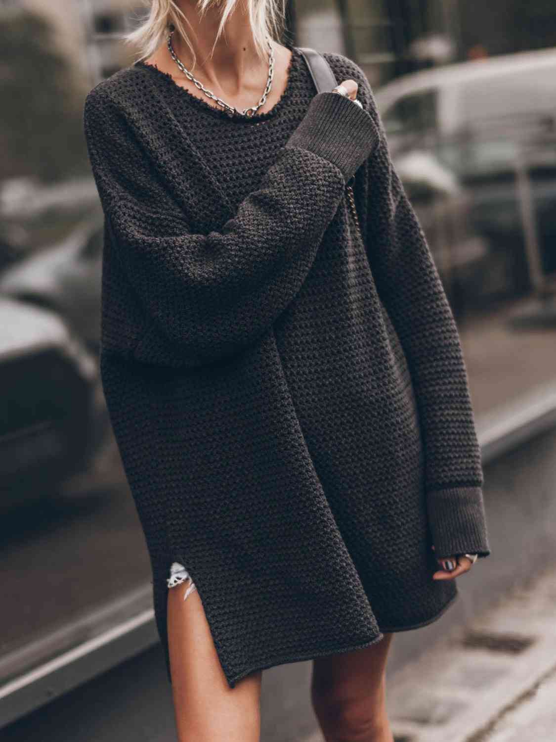 LoversLane Openwork Round Neck Long Sleeve Slit Sweater