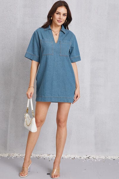 Larissa Bea Pocketed Collared Neck Mini Denim Dress