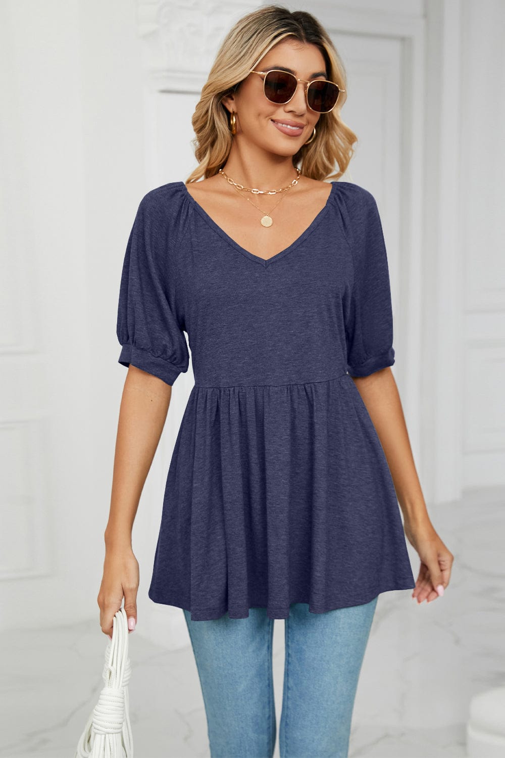 Full Size V-Neck Babydoll Top