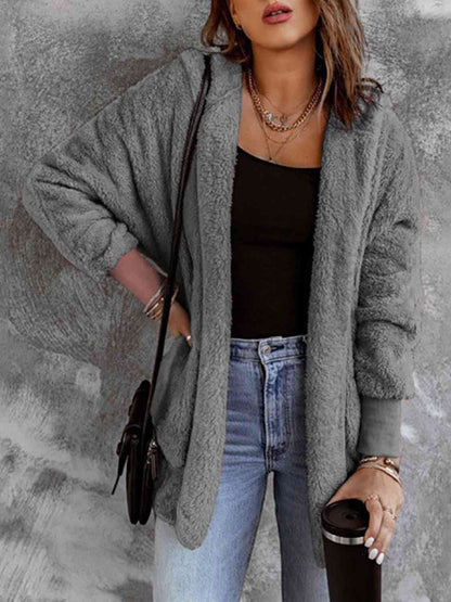 Open Front Hooded Faux Fur Outwear Jacket with Pockets