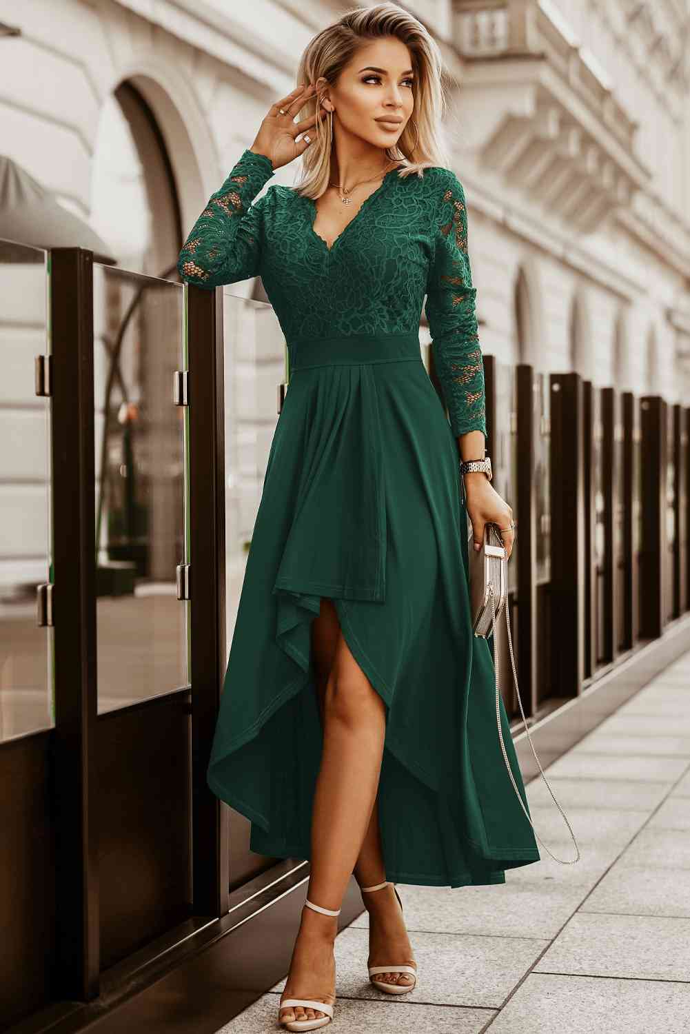 Full Size Lace High-Low V-Neck Dress