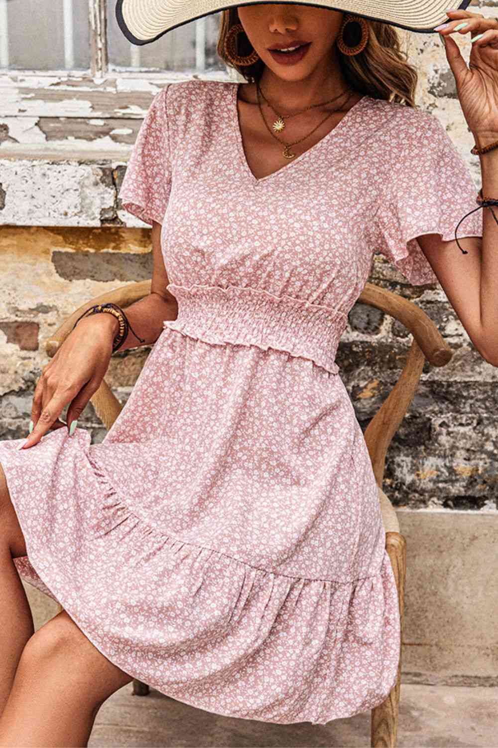 Women's Cressida Pink Printed Smocked V-Neck Tiered Dress