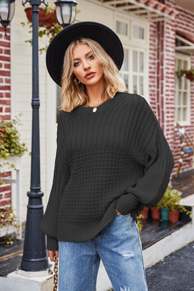 SoCozy Ribbed Drop Shoulder Lantern Sleeve Sweater