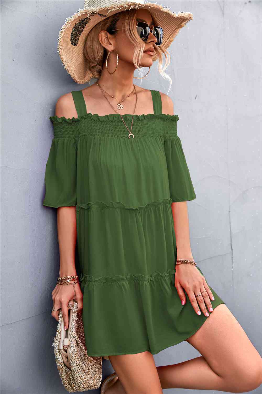 Cold-Shoulder Frill Trim Tiered Dress