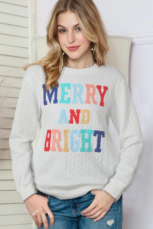 Christmas Themed MERRY AND BRIGHT Cable Knit Pullover Sweatshirt