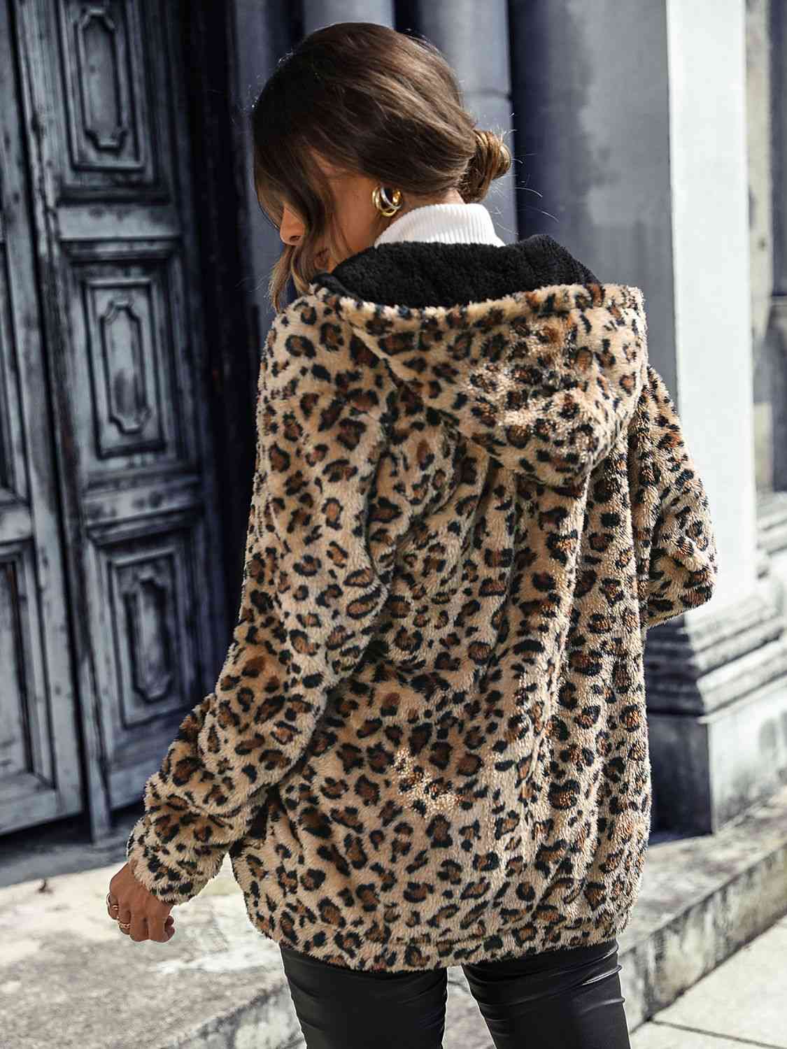 Maya Full Size Leopard Zip-Up Camel Brown Hooded Jacket