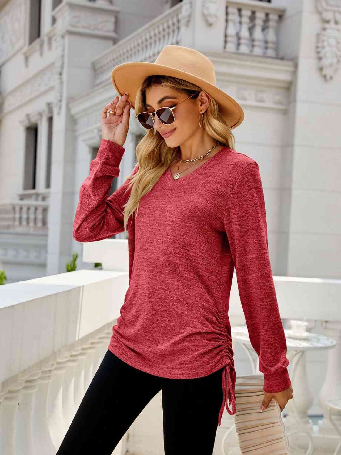 Full Size Drawstring V-Neck Long Sleeve T-Shirt