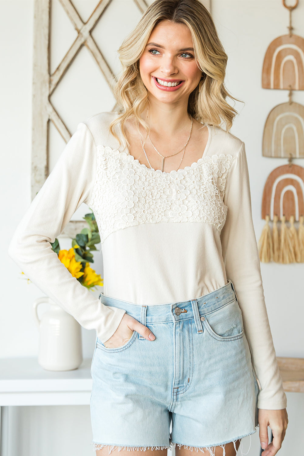 Full Size Lace Crochet Long Sleeve Top