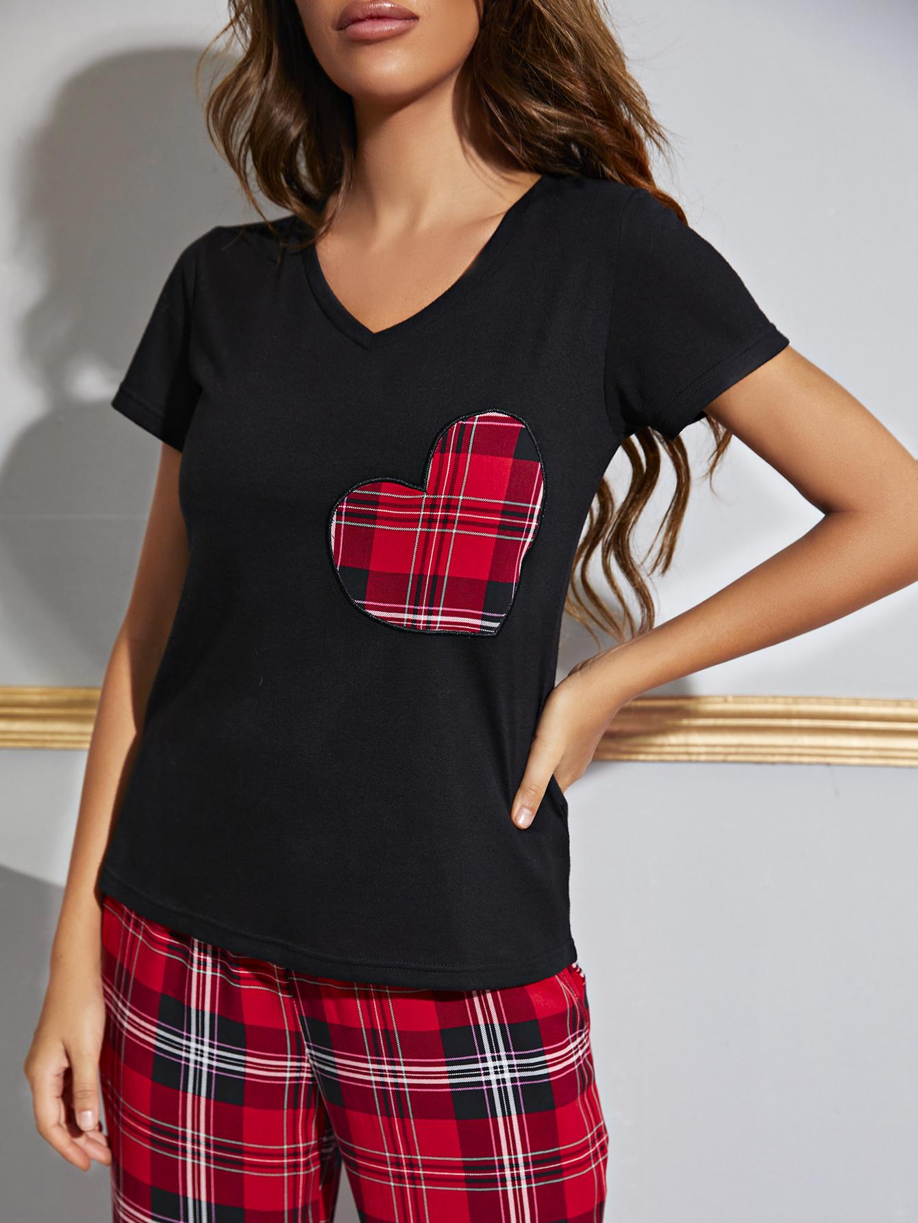 Women's Heart Graphic V-Neck Top and Plaid Pants Lounge Set