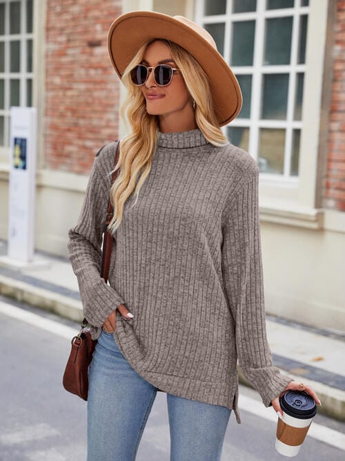 Laken Jay Ribbed Turtleneck Long Sleeve Slit Knit Top