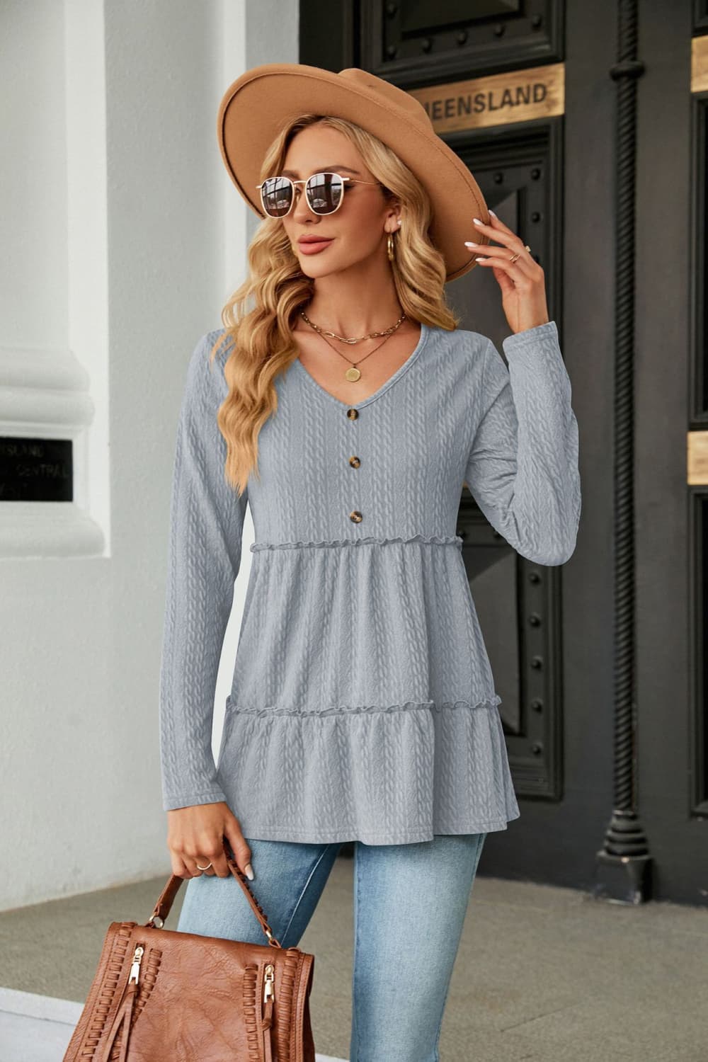 Full Size Long Sleeve V-Neck Cable-Knit Blouse