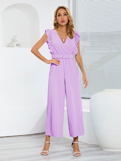 Ruffled Surplice Cap Sleeve Jumpsuit