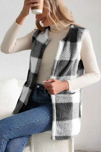 Shawnie Sherpa Plaid Open Front Vest Coat