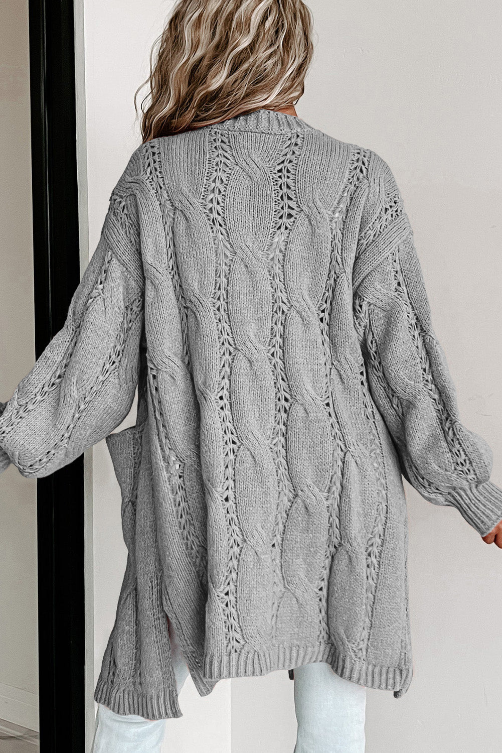 Full Size Cable-Knit Dropped Shoulder Cardigan