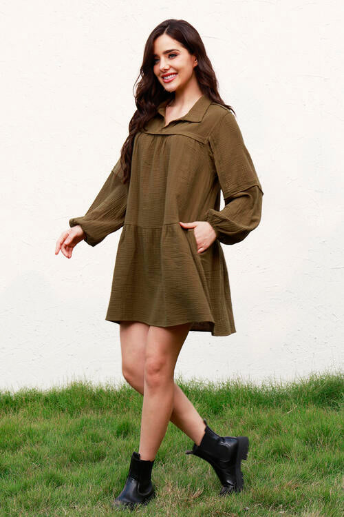 Olive Brown Ruffle Hem Balloon Sleeve Mini Dress