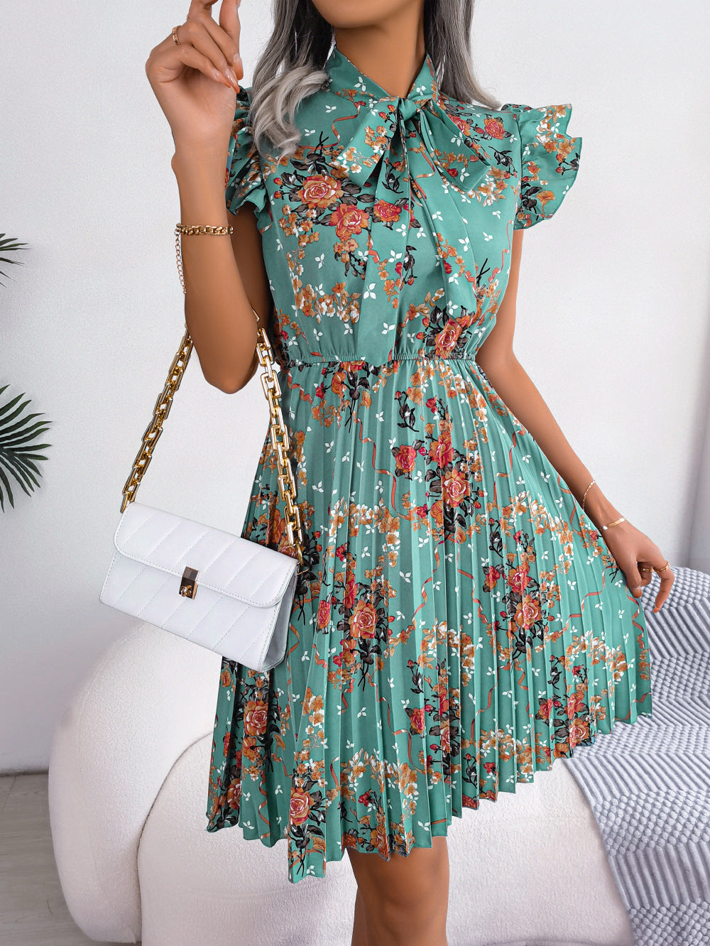 Aaliyah Isla Pleated Floral Printed Tie Neck Knee Length Dress