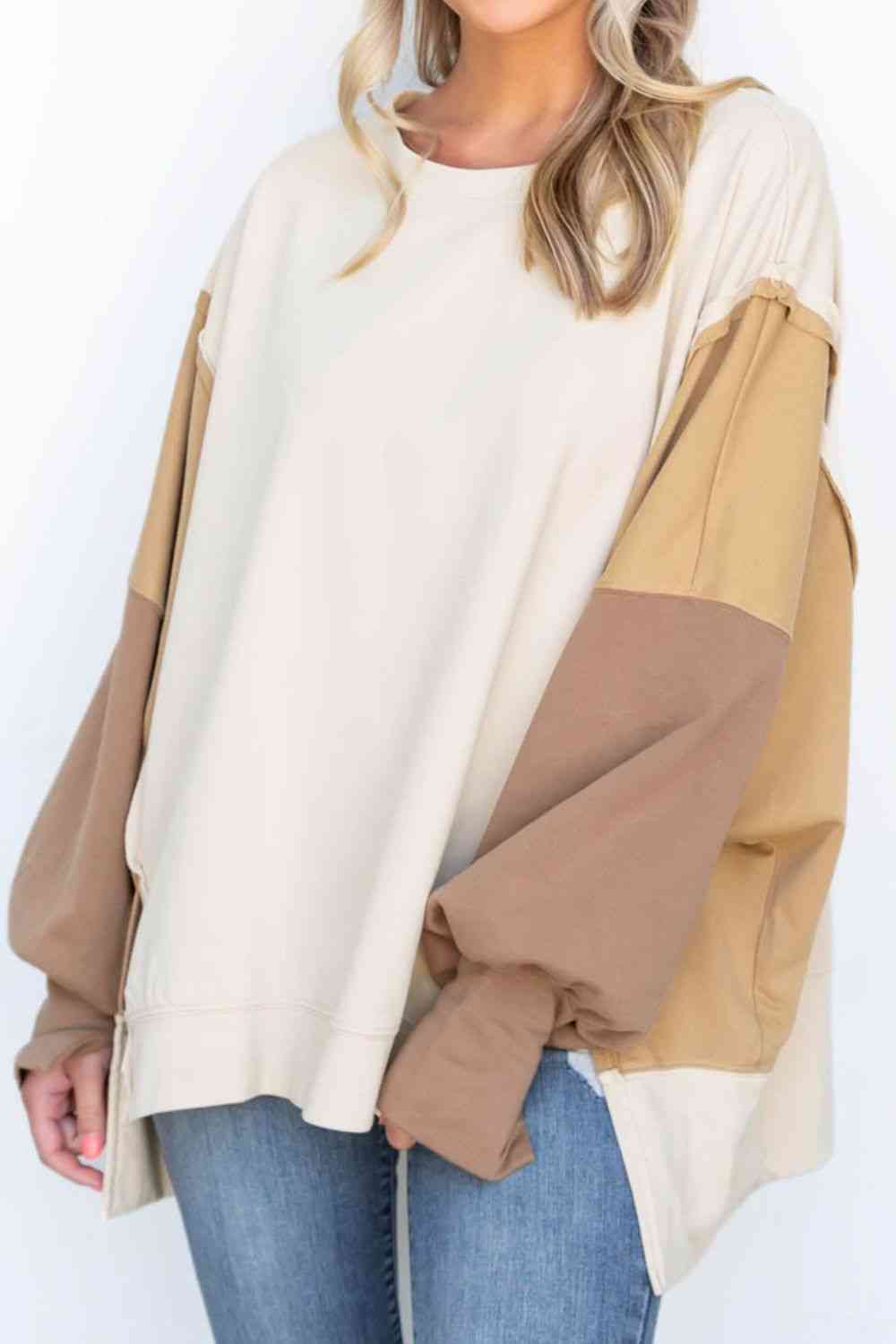 Color Block Exposed Seam Lantern Sleeve Khaki Sweatshirt