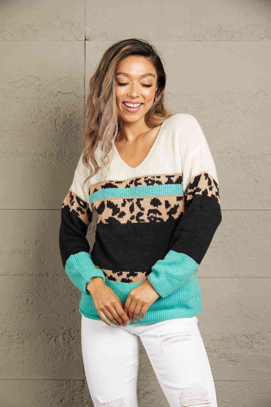 Woven Right Full Size Leopard Color Block V-Neck Rib-Knit Sweater