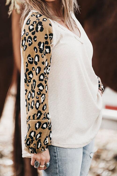 Plus Size Trylynn White Leopard V-Neck Raglan Sleeve Blouse