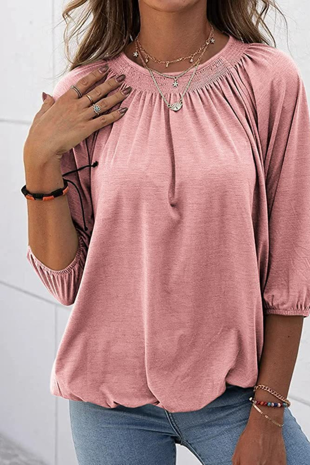 Full Size Gathered Detail Round Neck T-Shirt