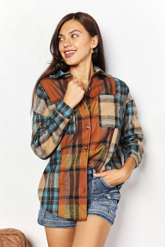 Double Take Full Size Plaid Curved Hem Shirt Jacket with Breast Pockets