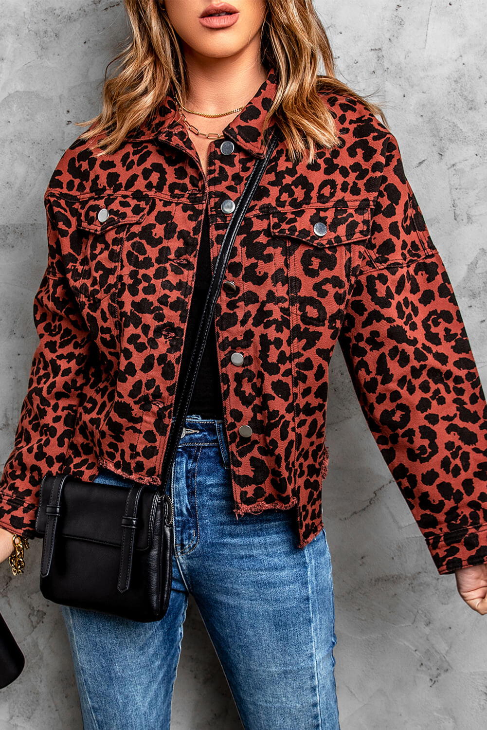 Full Size Leopard Print Raw Hem Jacket