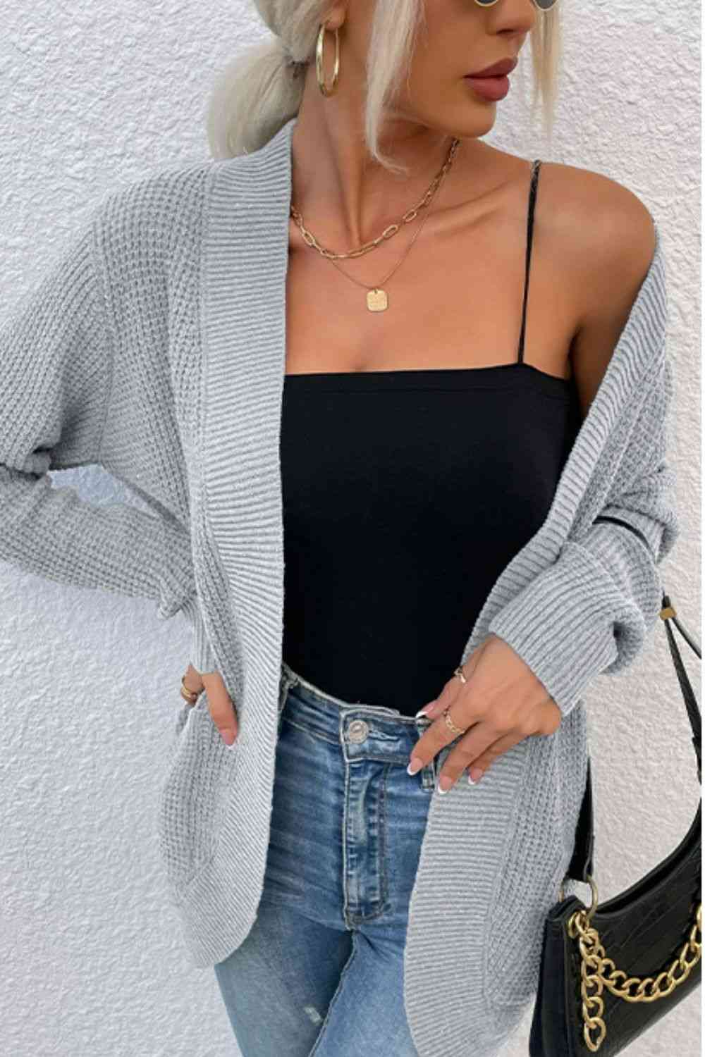 Open Front Rib-Knit Cardigan with Pockets