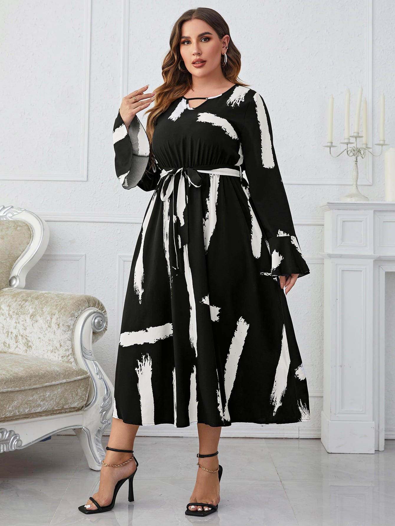 KeenLinear Plus Size Printed Tie Belt Flare Sleeve Round Neck Midi Dress