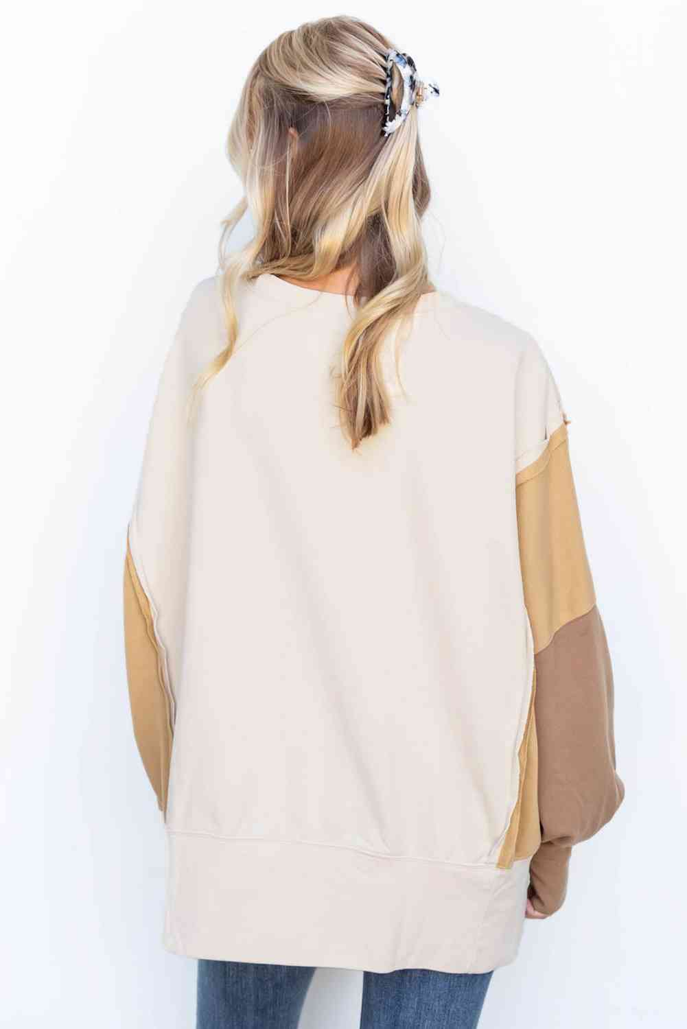 Color Block Exposed Seam Lantern Sleeve Khaki Sweatshirt