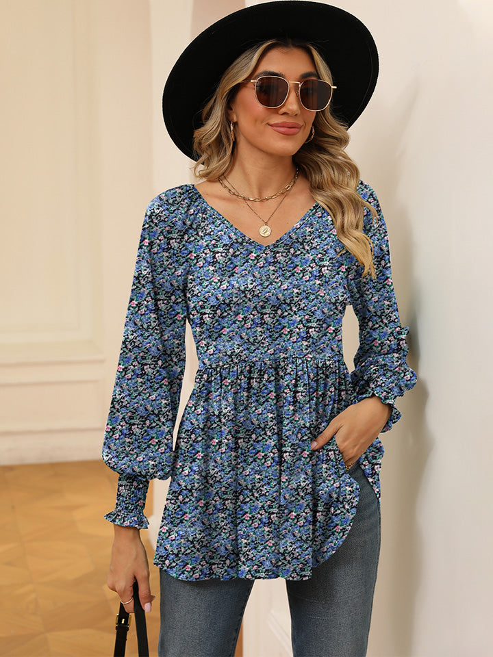 Full Size Printed V-Neck Lantern Sleeve Blouse