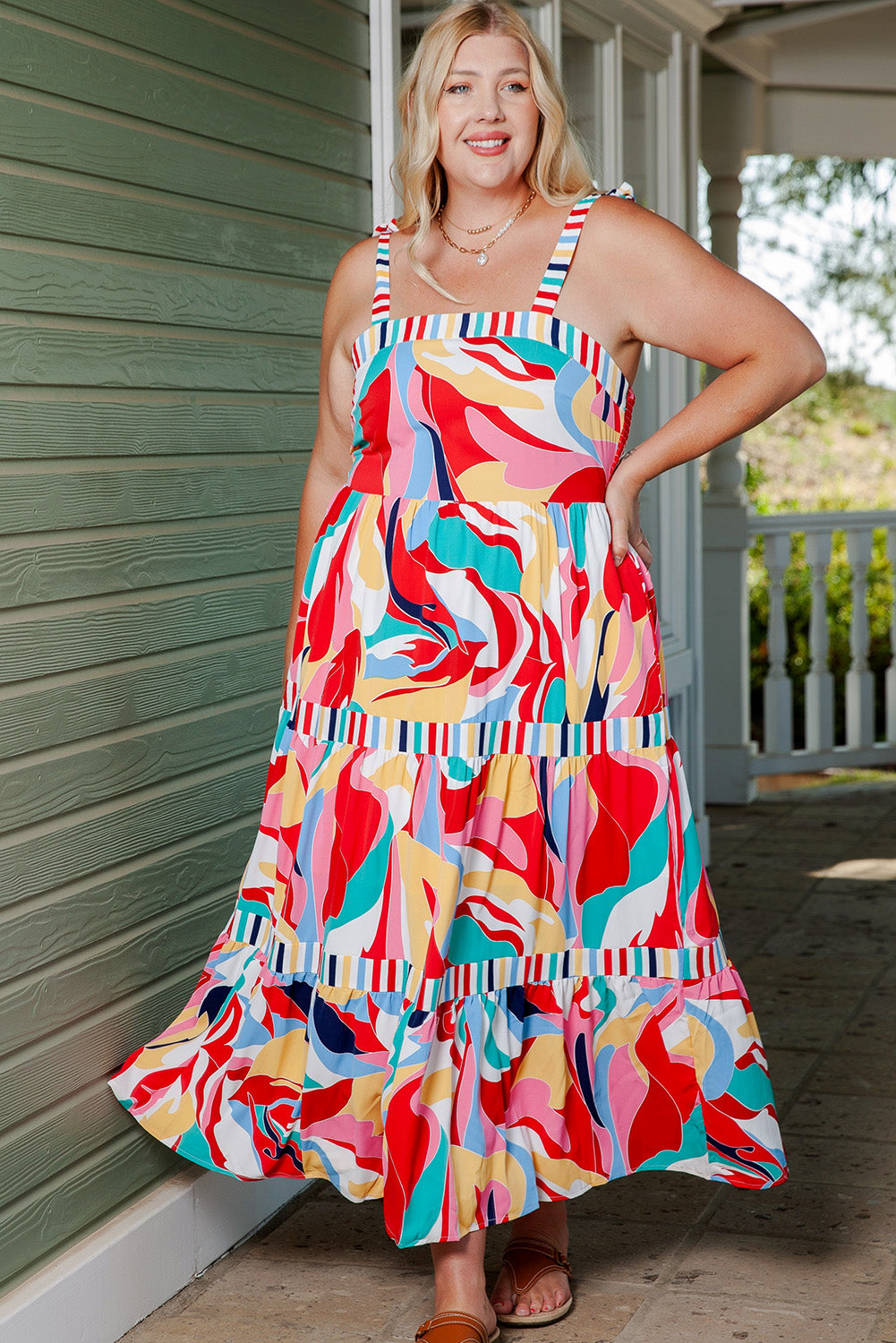IdeationJovial Plus Size Printed Tie Straps Straight Neck Maxi Dress