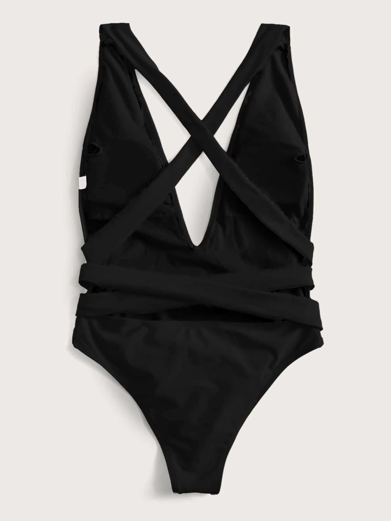 EROTICSUN Halter Neck Deep V Tied One-Piece Swimsuit