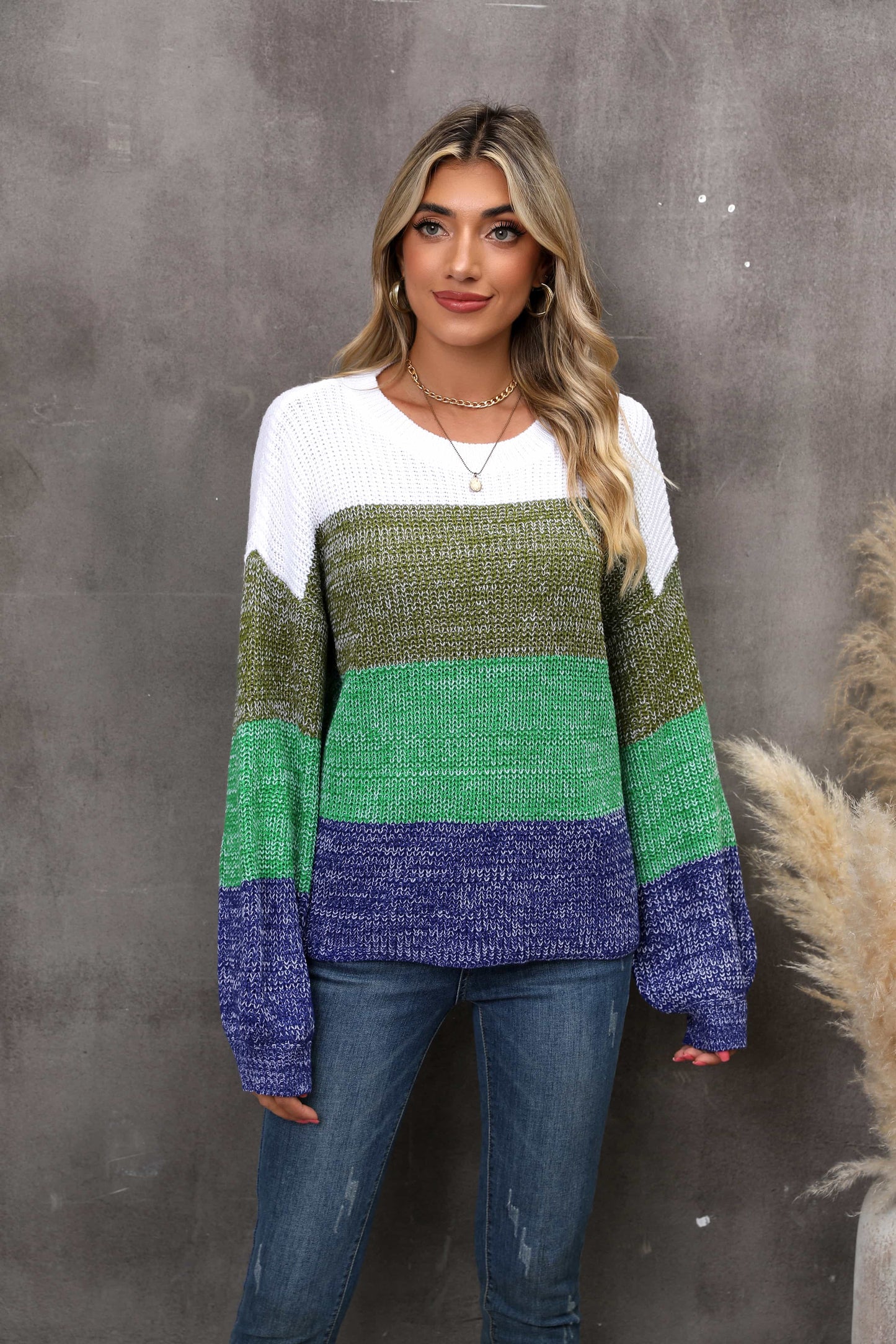 Hannah&Mea Color Block Round Neck Dropped Shoulder Sweater