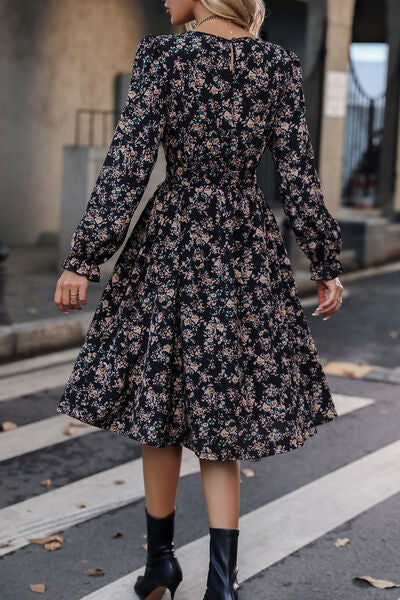 Printed Round Neck Flounce Sleeve Dress