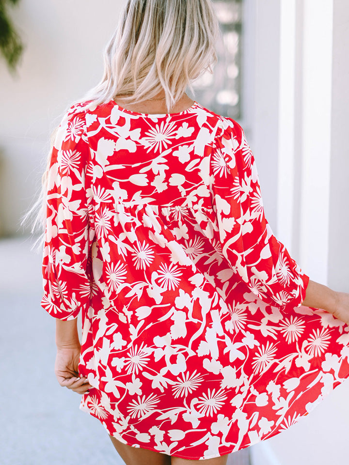 Red Floral Print Notched Neck Mini Dress
