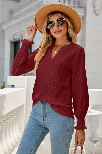 Laura Jay Eyelet Notched Lantern Sleeve T-Shirt