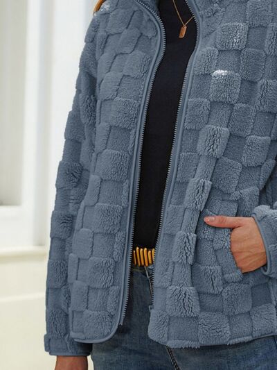 Full Size Fuzzy Checkered Zip Up Jacket