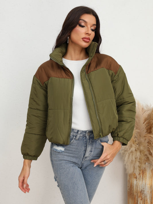 Full Size Two-Tone Zip-Up Puffer Jacket