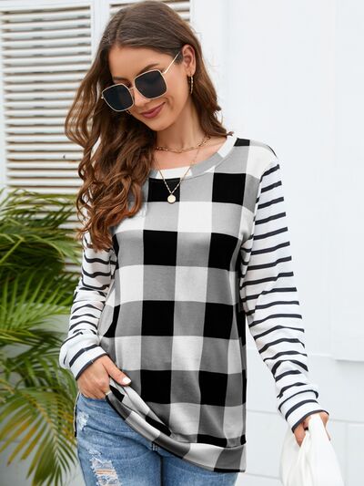 Women's HannahMea Plaid Striped Round Neck Long Sleeve T-Shirt