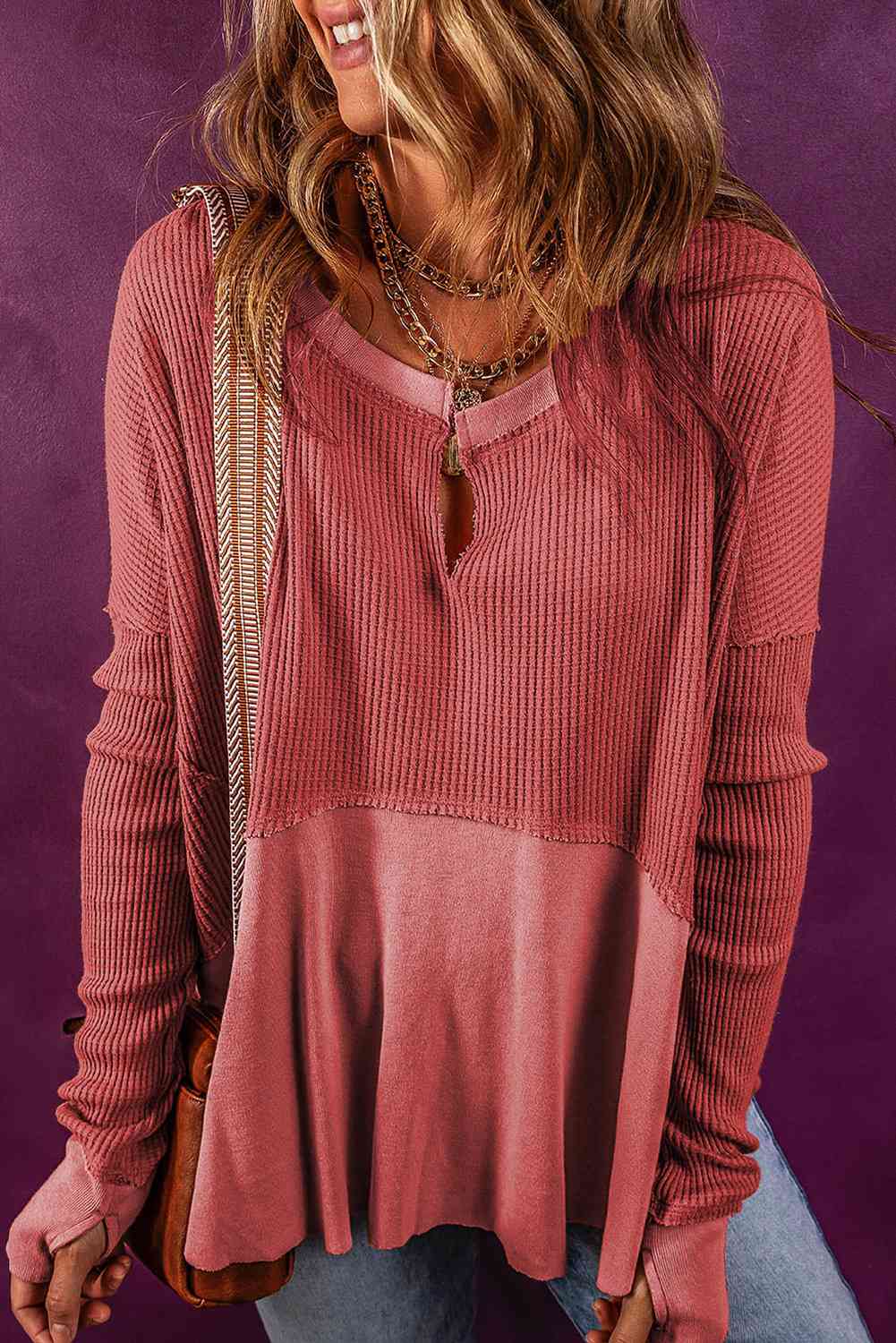 Burnt Coral Notched Neck Long Sleeve Slit Blouse