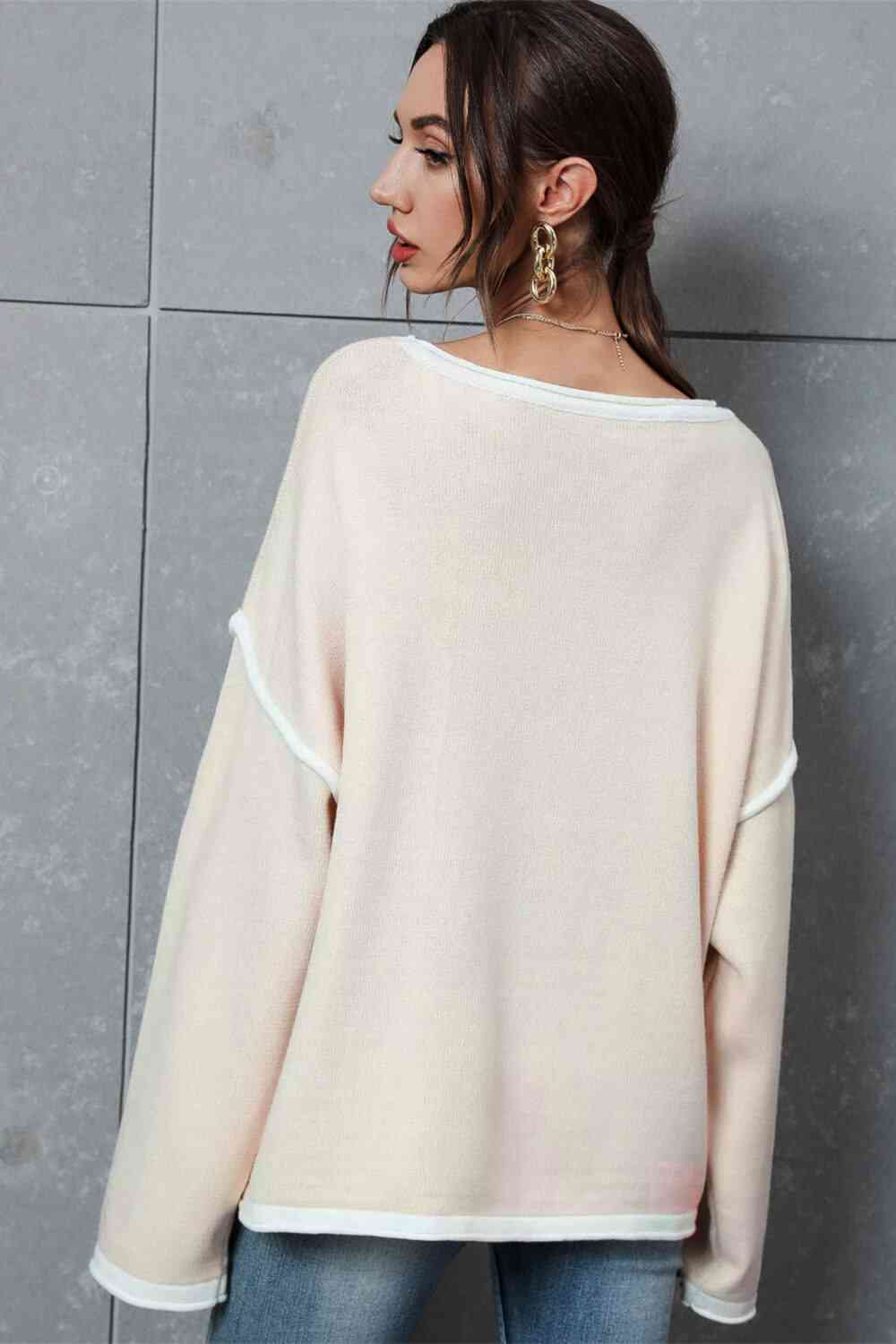 Contrast Detail Dropped Shoulder Knit Pullover