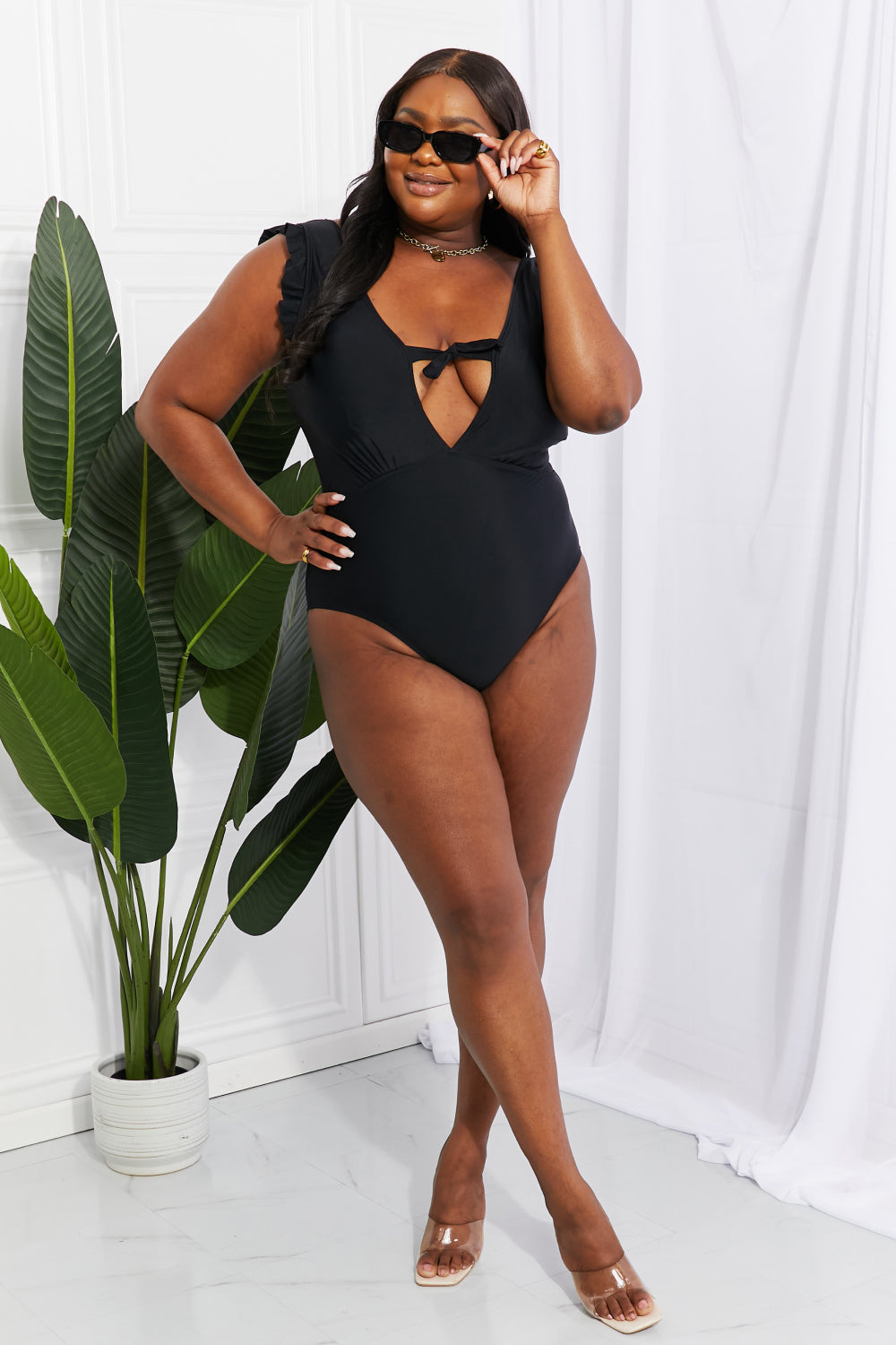 Women's Marina West Swim Seashell Ruffle Sleeve One-Piece Swimsuit in Black