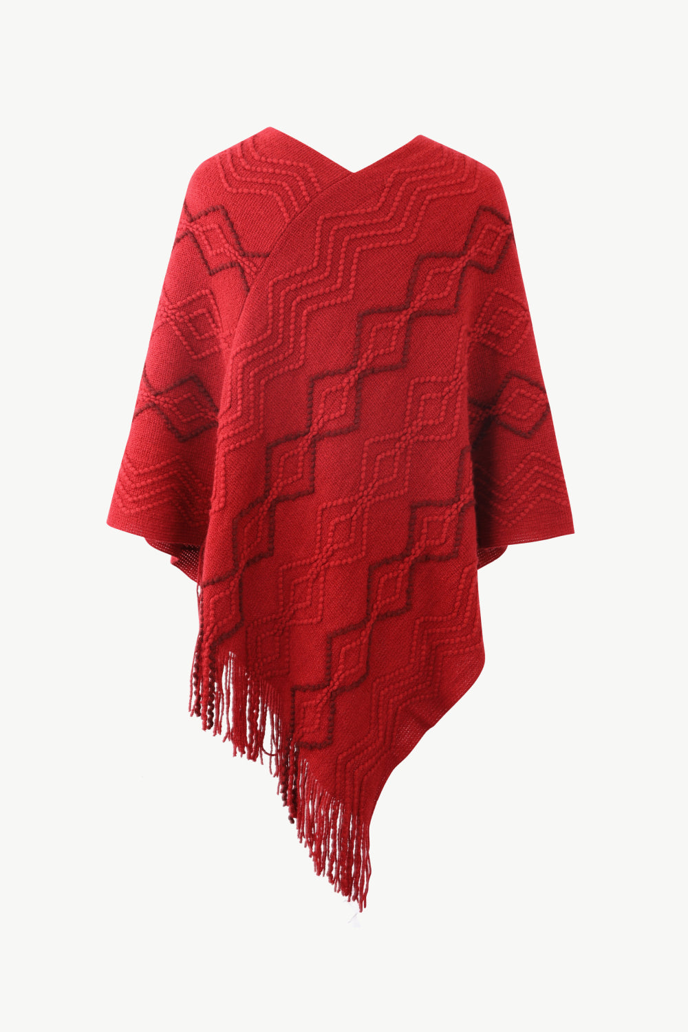 One Size Pearl Trim V-Neck Fringe Hem Poncho