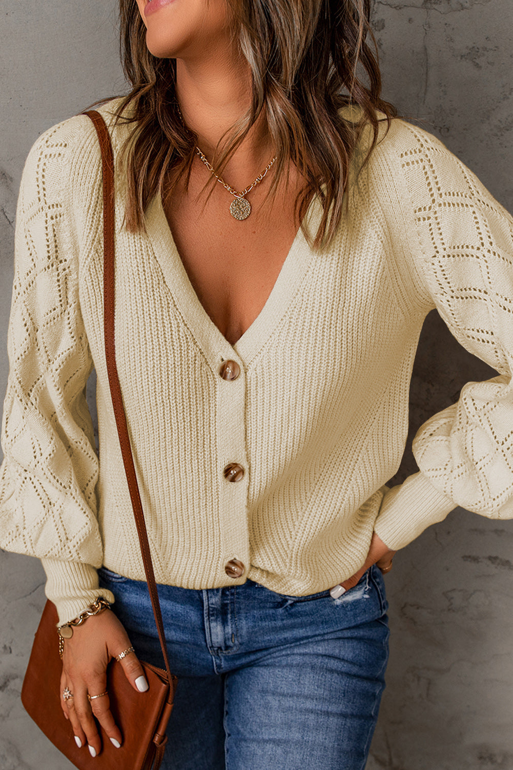 Full Size Button Front Ribbed Lantern Sleeve Cardigan